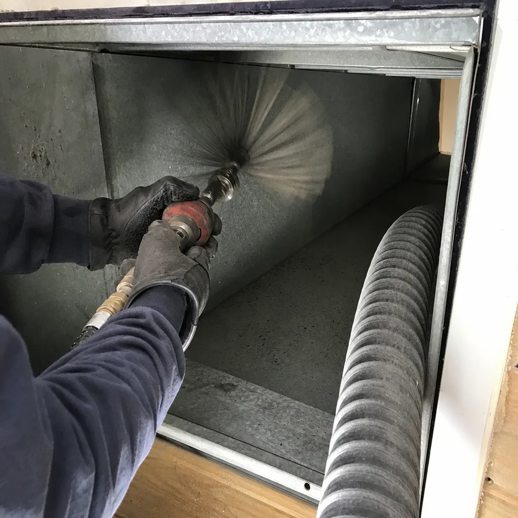Professional technician performing air duct cleaning with a rotating brush tool