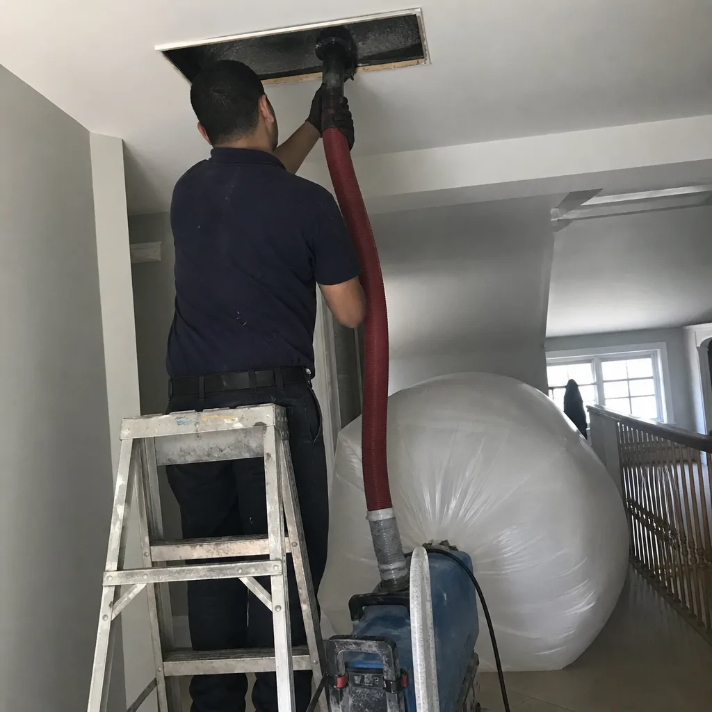 Technician using vacuum system for professional residential air duct cleaning