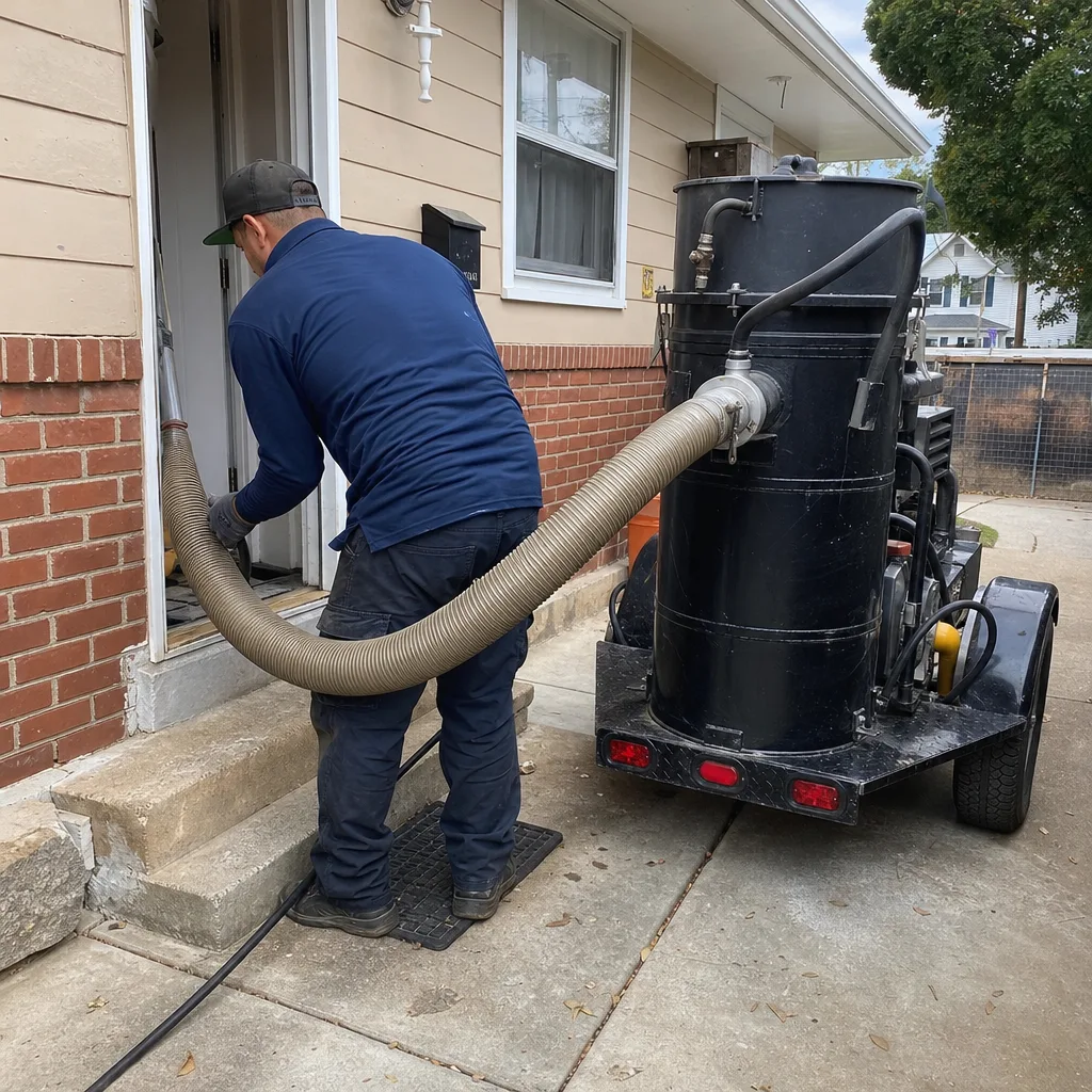 Technician using a truck-mounted vacuum for professional air duct cleaning services