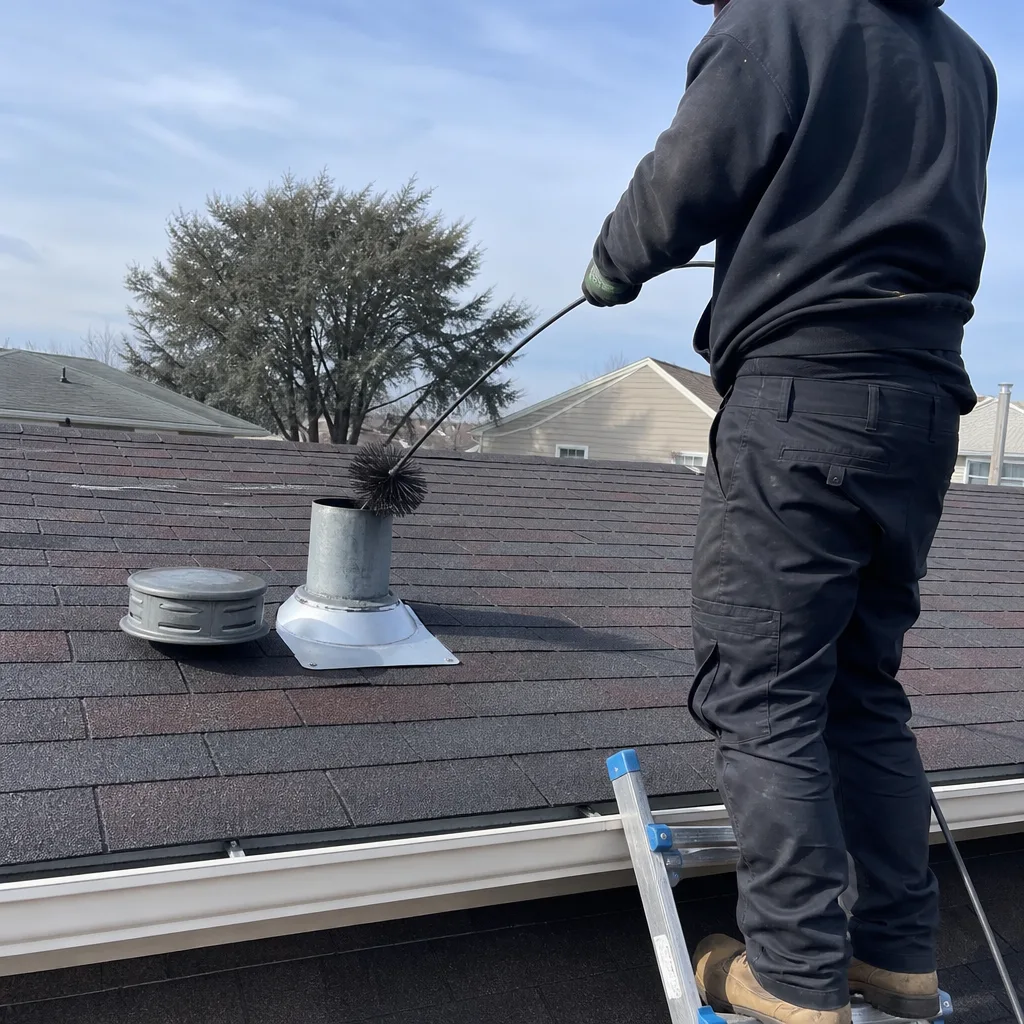 Professional cleaning a rooftop dryer vent pipe with a long brush
