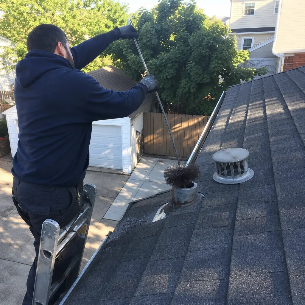 Technician performing professional dryer vent cleaning with specialized chimney brush